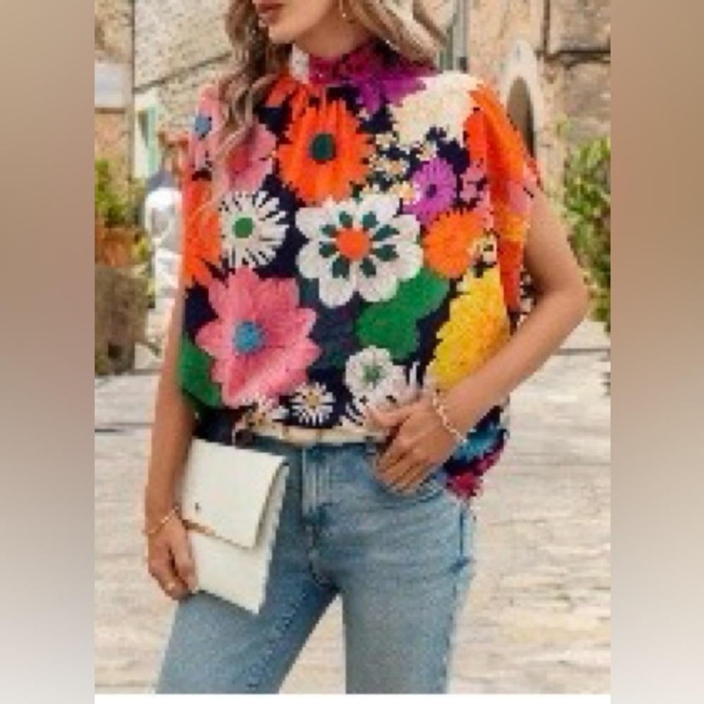 SHEIN Classic Back-Tied Batwing Sleeve Dopamine Flower Print Blouse